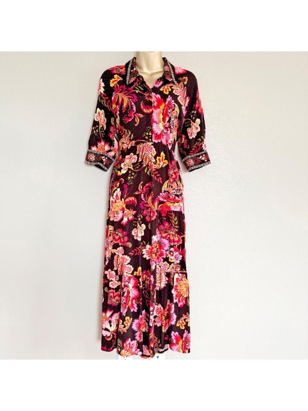 A Loves A Cottagecore Boho Floral Tiered Midi Dress Romantic Pink Orange Sz M